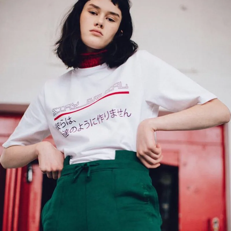 Women Summer White T-Shirt Women High-collar Japanese Slogan Printing Tee Top Loose Simple White T-Shirt
Women Summer White T-Shirt Women High-collar Japanese Slogan Printing Tee Top Loose Simple White T-Shirt