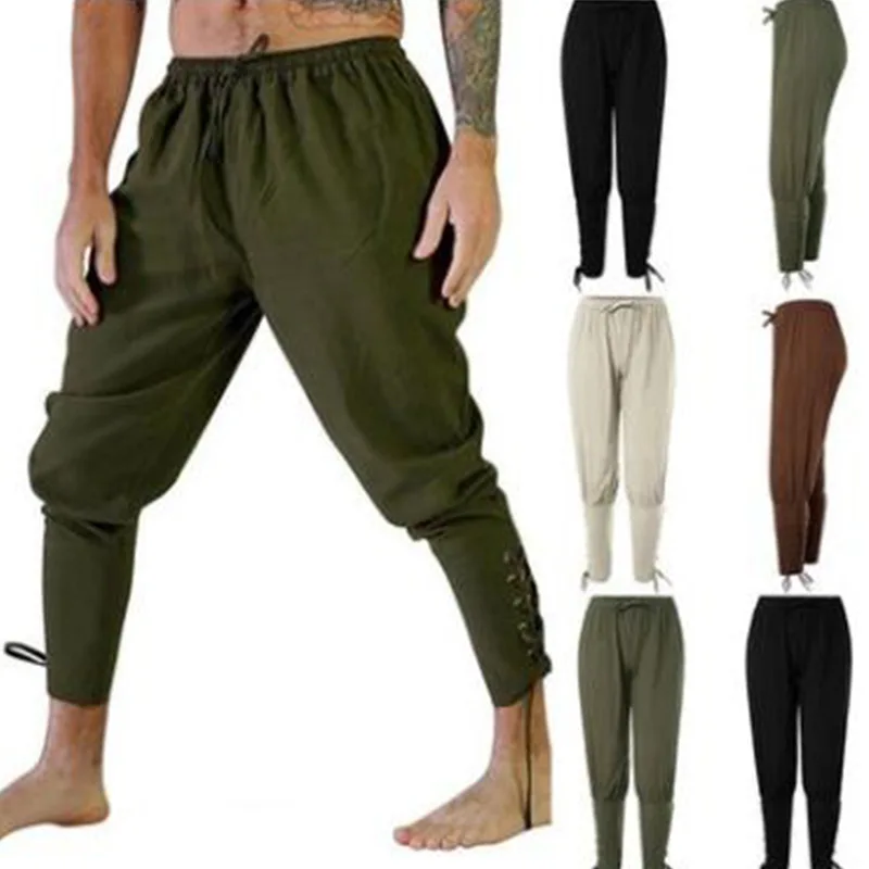 Mens Pirate Pants Medieval Renaissance Costume Viking Banded Lace Up Knee Length Cotton Shorts