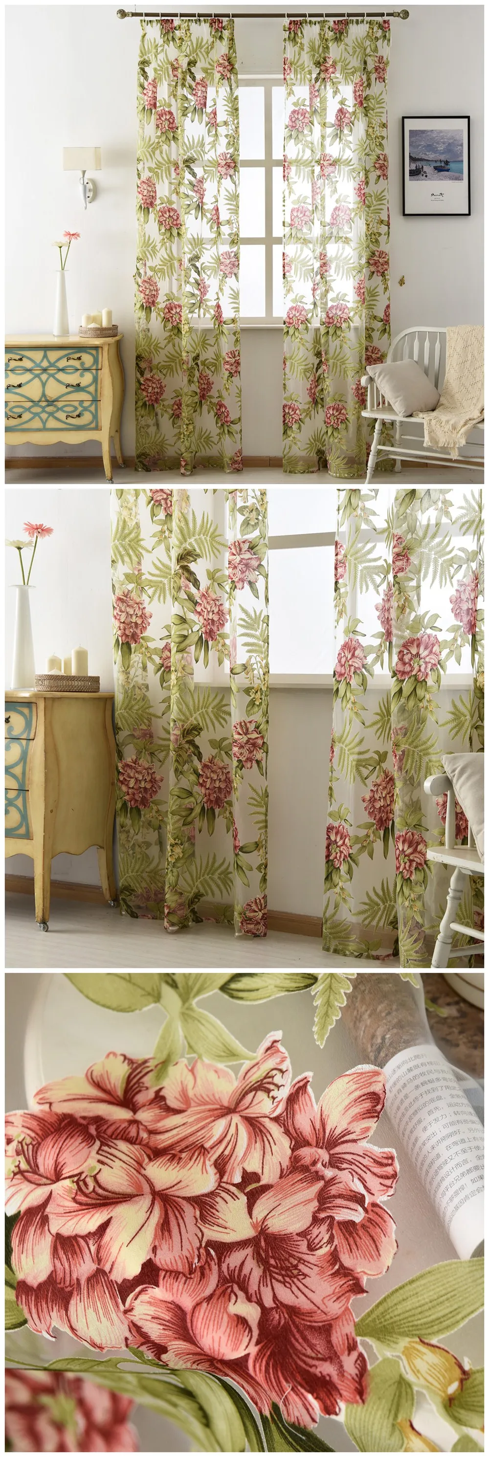 LOZUJOJU Sheer Curtains Floral Pattern Transparent Drop Tulle Pastoral Design Fabric Thread Organza Tape for Living Room Elegant (4)