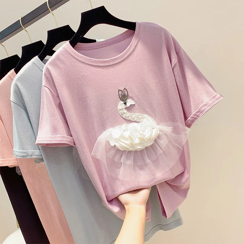 Short-sleeved Wild T-shirt Female 2019 New Design Sense Swan Patch Beaded Loose Student Base T-shirt Casual Students Top
Short-sleeved Wild T-shirt Female 2019 New Design Sense Swan Patch Beaded Loose Student Base T-shirt Casual Students Top