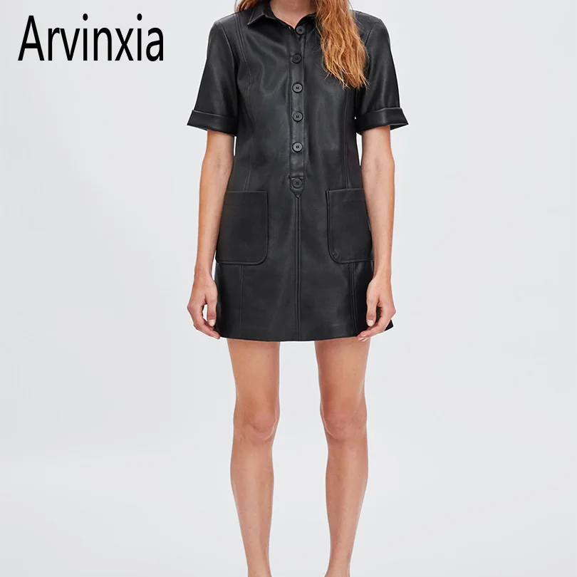Arvinxia ZA Sexy Vintage Pu Leather Short Sleeves Woman Dress New Turn-down Collar Lady Dresses Chic Pockets Decoration Vestidos
Arvinxia ZA Sexy Vintage Pu Leather Short Sleeves Woman Dress New Turn-down Collar Lady Dresses Chic Pockets Decoration Vestidos