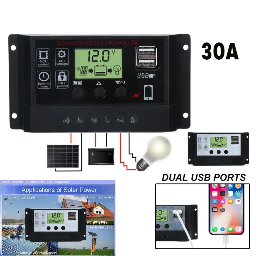 30A 12V-24V Dual USB Charger phone charger auto memory function Solar Panel Regulator Charge Controller USB
30A 12V-24V Dual USB Charger phone charger auto memory function Solar Panel Regulator Charge Controller USB