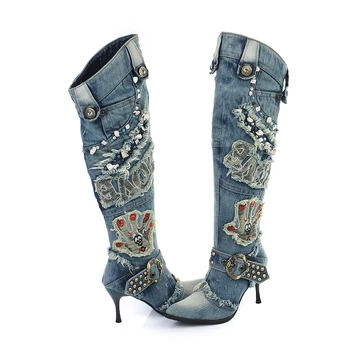 Women Vintage Thin High Heel Pointed Toe Denim Buckle Crystal Rivets Over The Knee Autumn Winter Jeans Long Boots, B002
Women Vintage Thin High Heel Pointed Toe Denim Buckle Crystal Rivets Over The Knee Autumn Winter Jeans Long Boots, B002