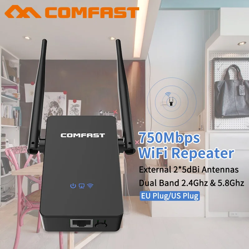 Comfast WIFI Router WiFi Repeater 750 Mbps 2.4G/5GHz Dual Band wifi signal extender APP Control WiFi Wireless Router CF-WR750 v2
Comfast WIFI Router WiFi Repeater 750 Mbps 2.4G/5GHz Dual Band wifi signal extender APP Control WiFi Wireless Router CF-WR750 v2