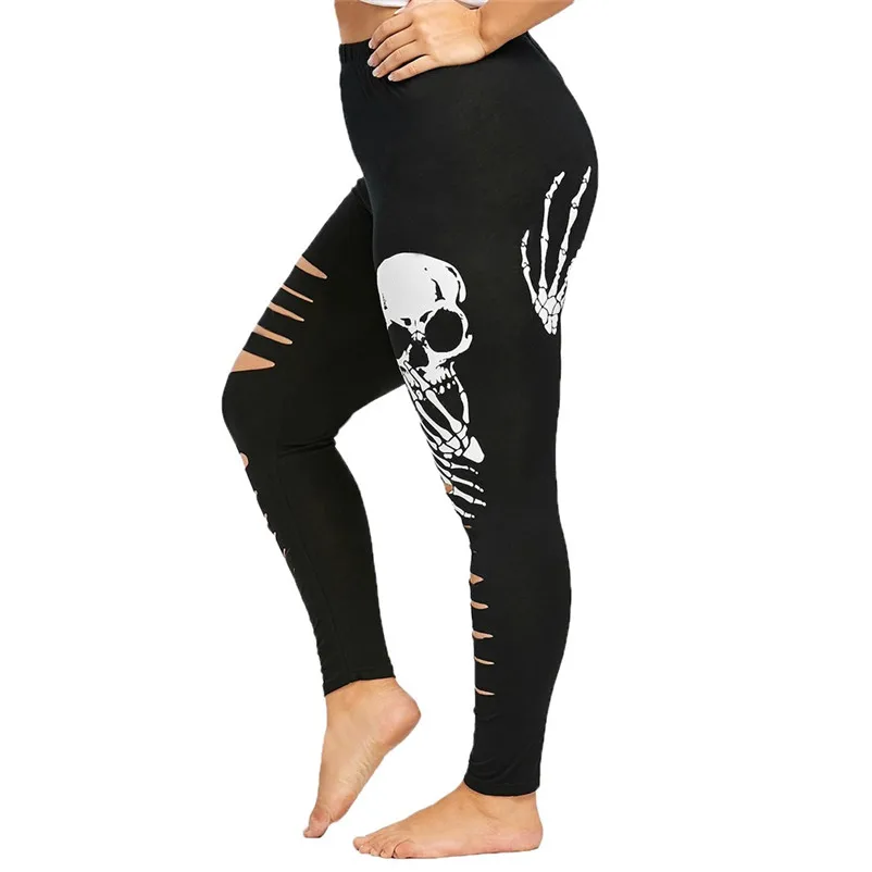 

Plus Size Fashion pants women High Waist Sport trousers Shredding Ripped Skulls printing Leggings female causal Leggings #25A