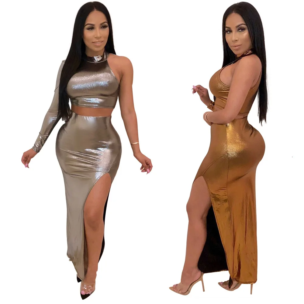 Women New Gold Silver One Shoulder Short Skinny Crop Tops High Side Split Midi Bodycon Maxi Skirts Two Pieces Sets Outfit X9095
Women New Gold Silver One Shoulder Short Skinny Crop Tops High Side Split Midi Bodycon Maxi Skirts Two Pieces Sets Outfit X9095