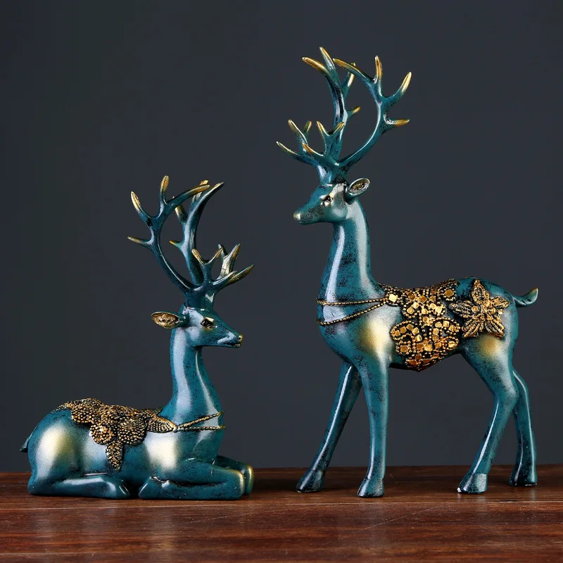 

European style 2 Pcs Resin Deer Figurine Statue Home Living Room Decor Crafts Sculpture Creative Gifts Modern Desktop Ornament