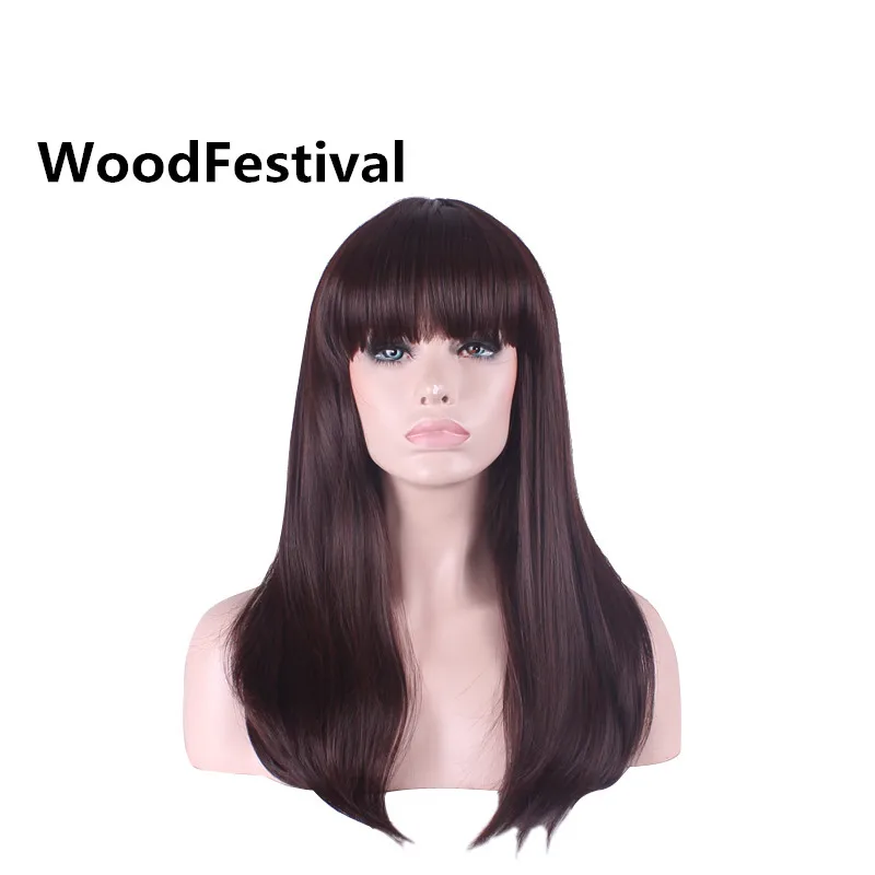 Image real picture womens wigs hair synthetic wigs long straight wig bangs reddish brown wig heat resistant WoodFestival