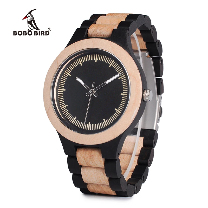 BOBO BIRD WO01O02 Wood Watch Ebony RedWood Pine Wooden Watches for Men Two-tone Wood Quartz Watch with Tool for Adjusting Size 26