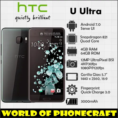 

HTC U Ultra 4GB RAM 64GB ROM Quad Core Snapdragon 821 5.7" Large Screen 12MP NFC Rapid Charger 3.0 Fingerprint 4G LTE smartphone