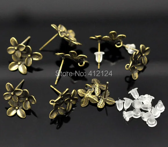 150Pcs Bronze Tone Earring Posts Flower Four Leaf Clover With Stoppers & Loop DIY Jewelry Component Findings 15x14mm | Украшения и