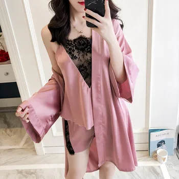 Spring Summer Women 3PCS Nightwear Sexy Cami+Shorts+Robe Pajama Pijama Suit Lace Trim Home Wear Satin Sleepwear Set M L XL
Spring Summer Women 3PCS Nightwear Sexy Cami+Shorts+Robe Pajama Pijama Suit Lace Trim Home Wear Satin Sleepwear Set M L XL