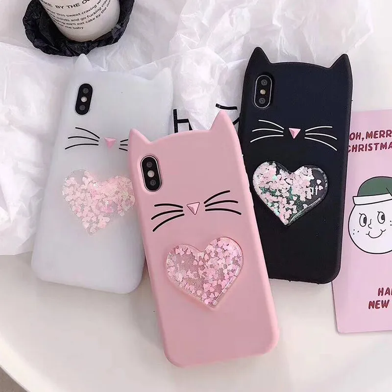 

3D Cartoon Beard Cat Cover For iPhone 7 8 Case Soft Silicone Liquid Heart Quicksand Cases For iPhone X XS 8 7 6 6S Plus 5S SE