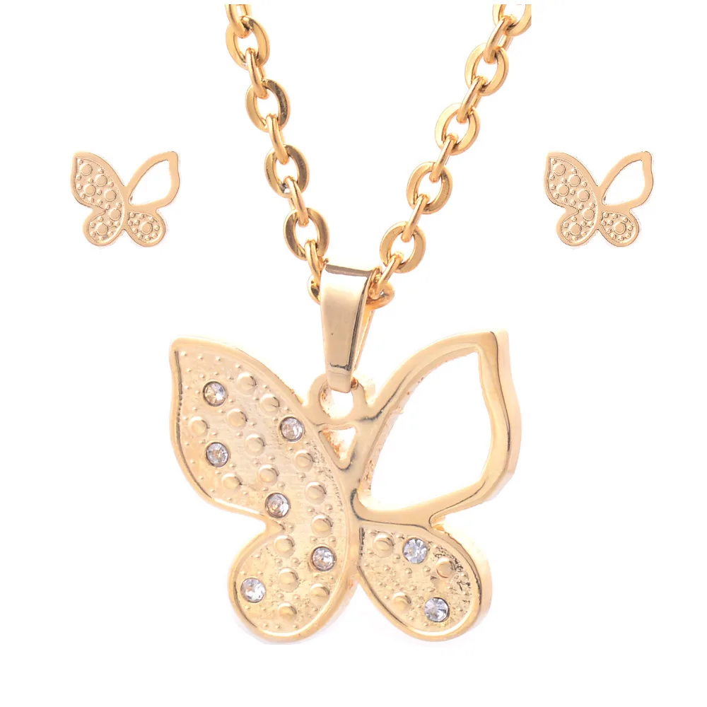 316L Stainless Steel Jewelry Set Gold Color Women Butterfly Pendant Necklace and One Pair Stud Earrings HY033
316L Stainless Steel Jewelry Set Gold Color Women Butterfly Pendant Necklace and One Pair Stud Earrings HY033