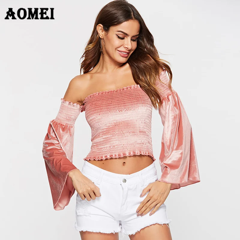 Lady Crop Tops Velvet Pink Off Shoulder Stretched Pleated Blouse for Women Backless Sexy Autumn Sweet Shirts Fashion Fall Blusas
Lady Crop Tops Velvet Pink Off Shoulder Stretched Pleated Blouse for Women Backless Sexy Autumn Sweet Shirts Fashion Fall Blusas