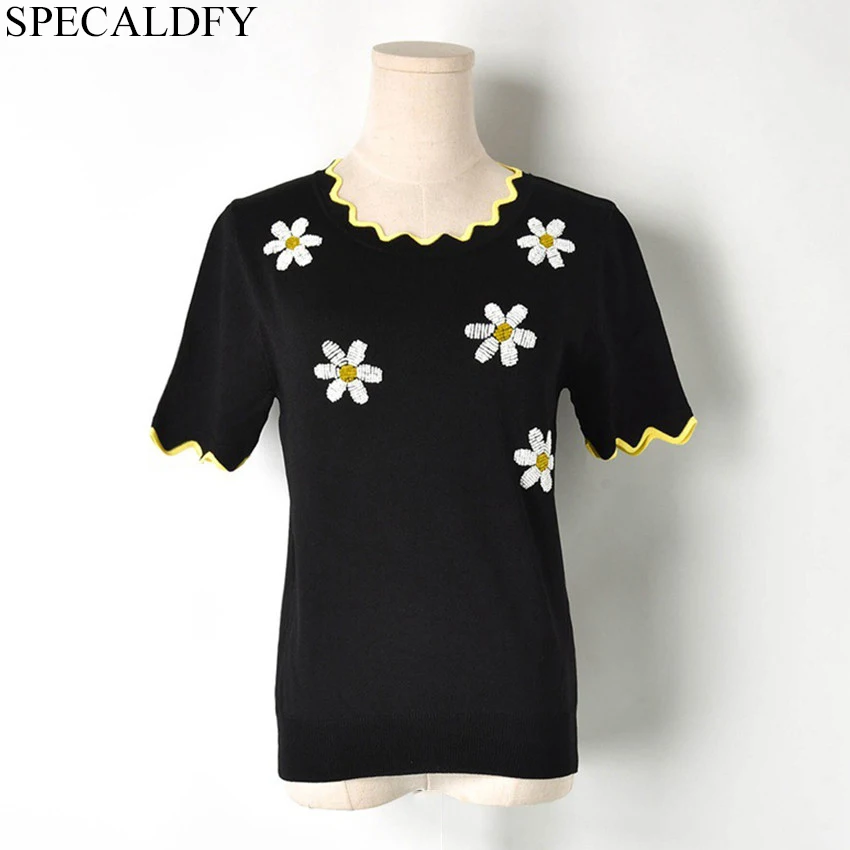 Floral Beading Pink Black White T shirt Women Short Sleeve Designer Runway Top Tshirt Summer Knitted Tops Camiseta Mujer
Floral Beading Pink Black White T shirt Women Short Sleeve Designer Runway Top Tshirt Summer Knitted Tops Camiseta Mujer