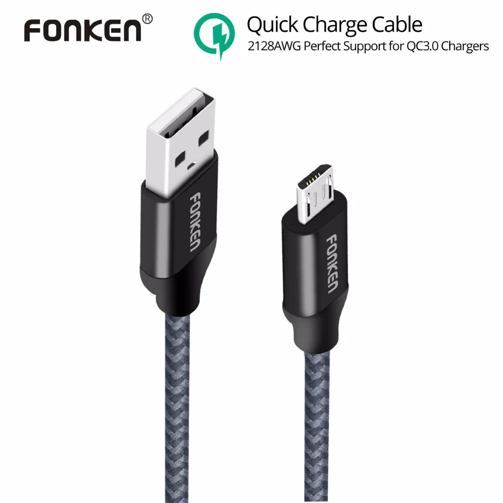 Image FONKEN Micro USB Cable Quick Charger Cable 2128AWG QC3.0 2.4A Fast Charging Nylon Braided Data Cable for Samsung Android Phone