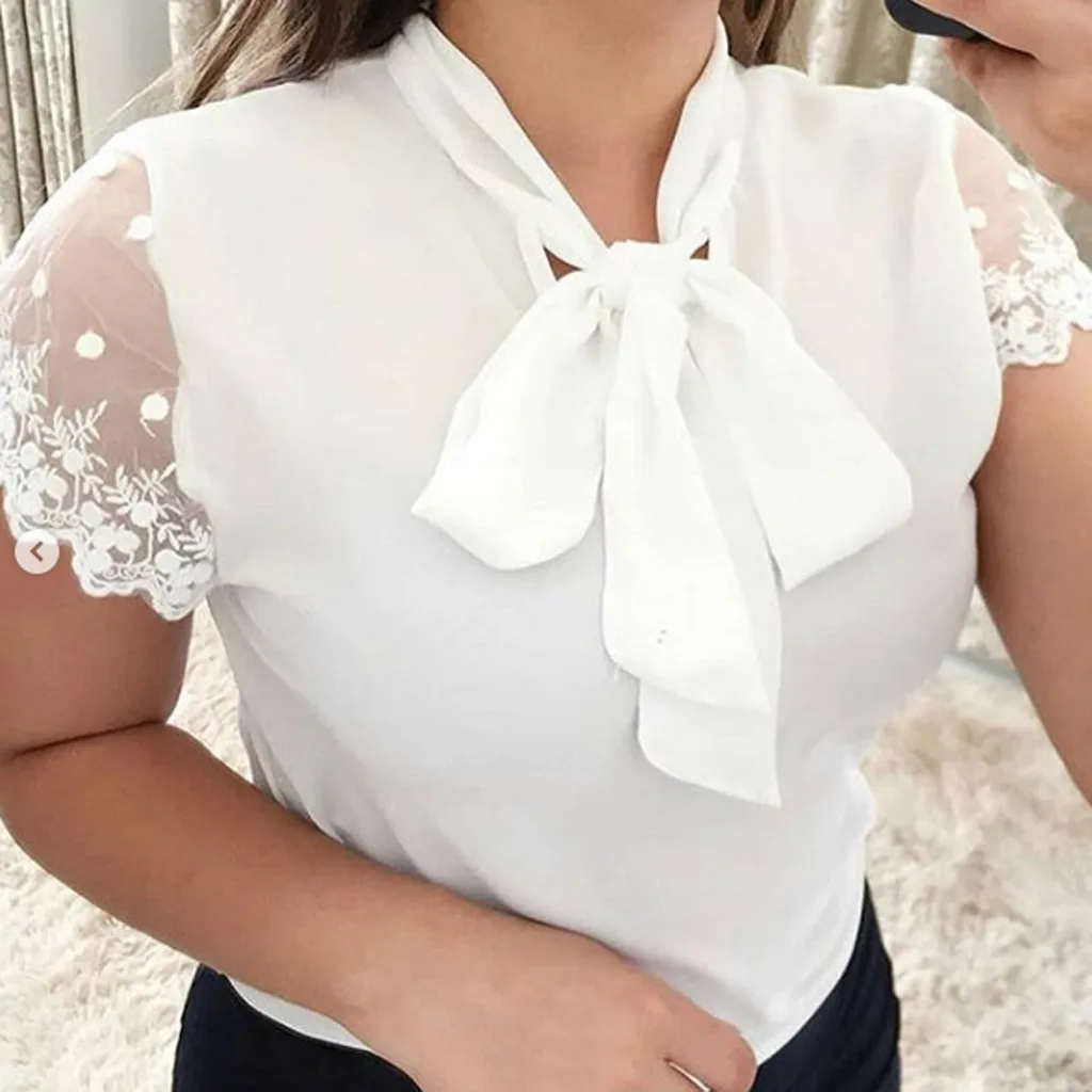 Summer Fashion Casual Office Lace Tops Bow Tie Blouse Chiffon OL Top Female Women's Short Sleeve Shirt Blusas Femininas Clothing
Summer Fashion Casual Office Lace Tops Bow Tie Blouse Chiffon OL Top Female Women's Short Sleeve Shirt Blusas Femininas Clothing