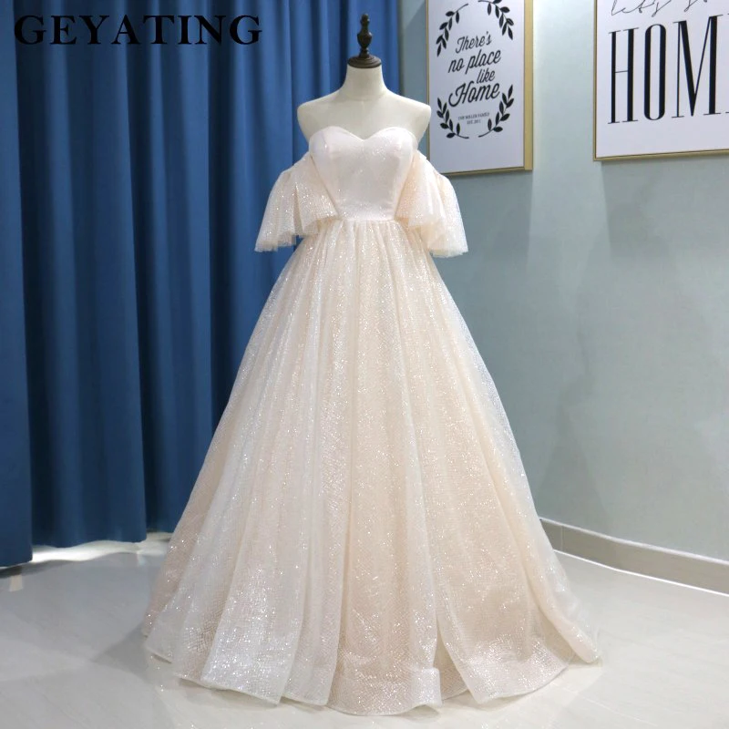 2019 Bling Blush Ball Gown Wedding Dress Half Sleeves Off Shoulder