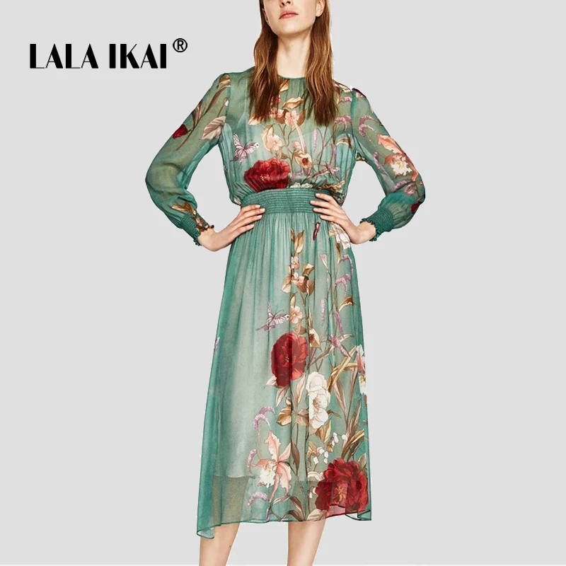 2018 Boho Summer Midi Dress Women Floral Print Chiffon Beach Dresses Full Sleeve Green Tunic Female Vestidos Lightweight | Женская