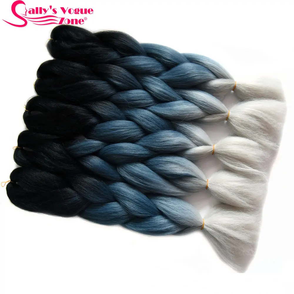 Sallyhair 24 дюйма Омбре плетение волосы 3 тона черный синий серебристый цвет огромные