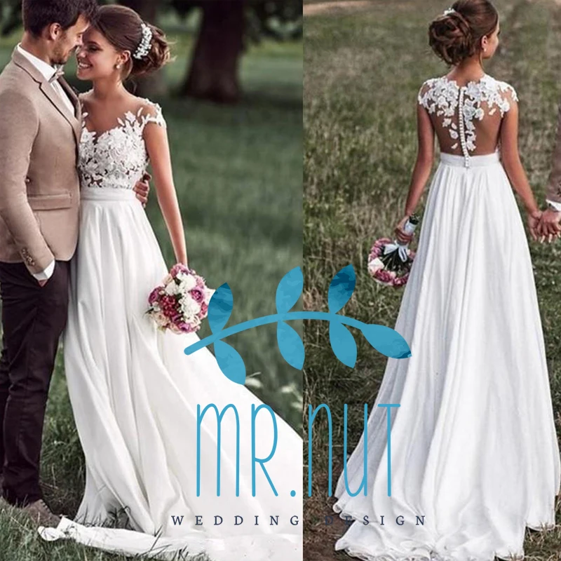 Beach Lace Appliques Bride Dress New Cap-Sleeves Slit Side Buttons White/Ivory Wedding Dresses 2019
Beach Lace Appliques Bride Dress New Cap-Sleeves Slit Side Buttons White/Ivory Wedding Dresses 2019