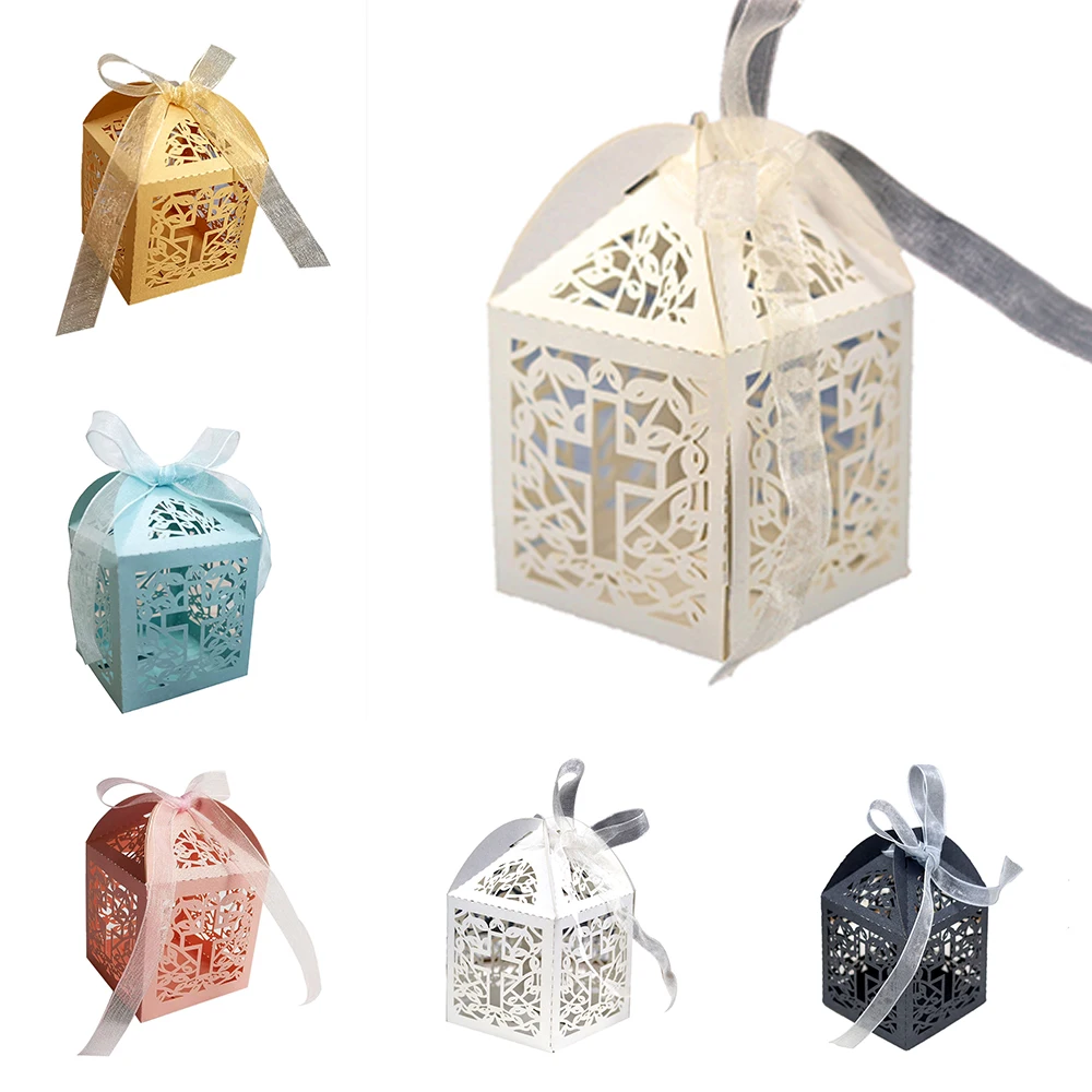 Favor Candy Boxes With Ribbon Cross Hollow Paper Gift Box For Wedding Party 50pcs Paper boxes