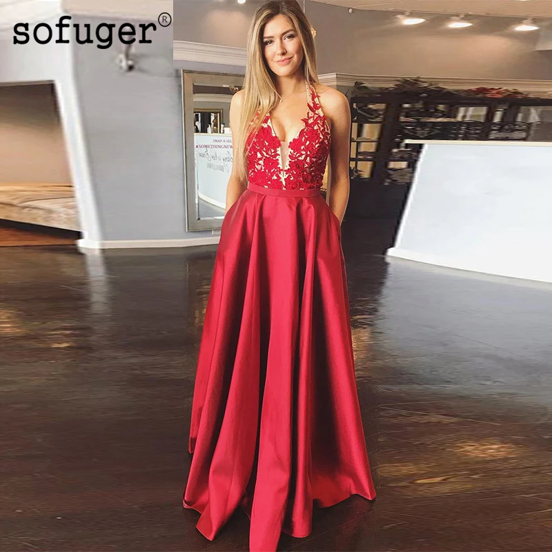 Red Lace Appliques Satin Halter Formal Evening Dresses Arabic Muslim Special Occasion Robe De Soiree Vestidos De Fiesta
Red Lace Appliques Satin Halter Formal Evening Dresses Arabic Muslim Special Occasion Robe De Soiree Vestidos De Fiesta