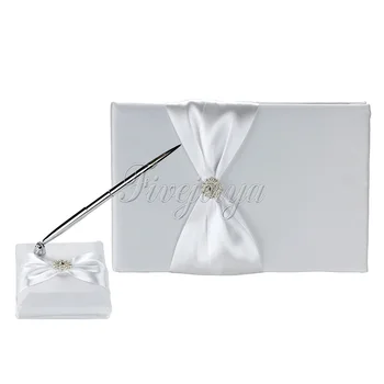 2Pcs/set White Diamante Round Buckle Satin Ribbon Bow Guest Book & Pen Stand Set for Wedding signature Decoration 
2Pcs/set White Diamante Round Buckle Satin Ribbon Bow Guest Book & Pen Stand Set for Wedding signature Decoration