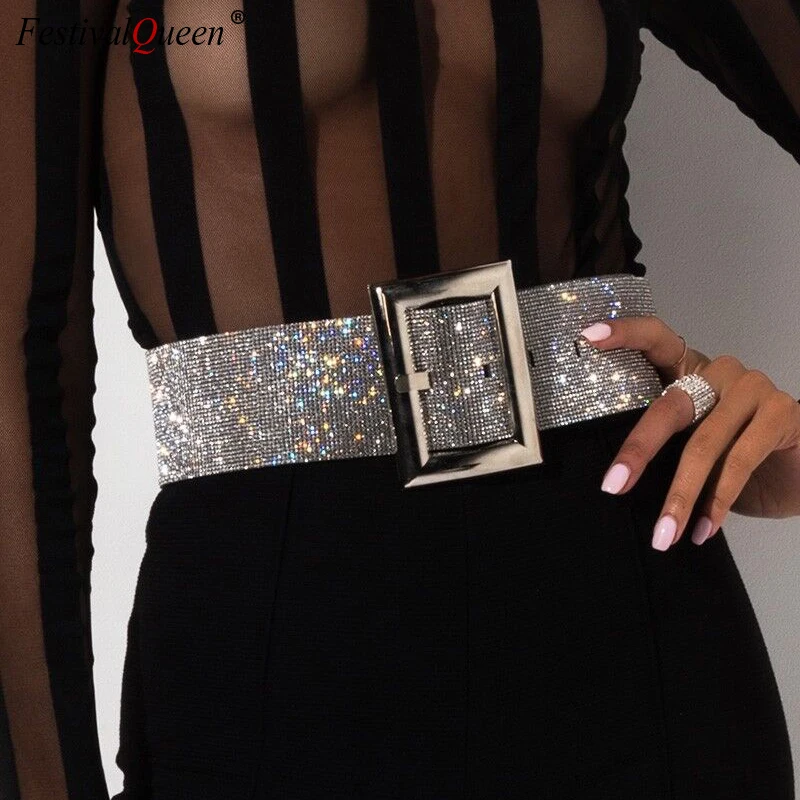 

FestivalQueen Women's Full Rhinestones Crystal Wide Belt Luxury Diamond Shiny Bride Night Club Waist Belts Fashion