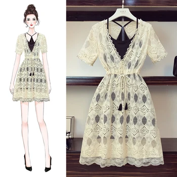 L-4XL Large Size Women's Sets New Summer Fashion V Neck Hollow Out Short Sleeve Lace Dress + Small Vest Dress Female Suits
L-4XL Large Size Women's Sets New Summer Fashion V Neck Hollow Out Short Sleeve Lace Dress + Small Vest Dress Female Suits