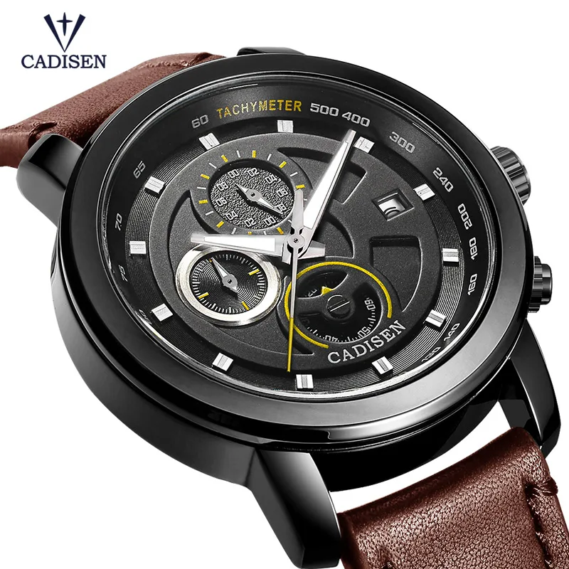 

Cadisen Leather Strap Luminous Hands Chronograph Quartz Watches for Men Man's Casual Analogue Wristwatch for Boys CL9052G-1