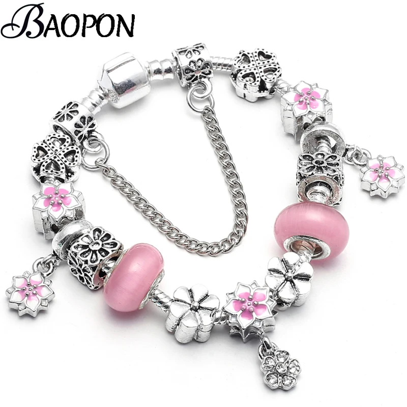 BAOPON Authentic Silver Color Pink Flower Shape Charm Bracelets With Snake Chain Glass Beads Brand Bracelet for Women Jewelry
BAOPON Authentic Silver Color Pink Flower Shape Charm Bracelets With Snake Chain Glass Beads Brand Bracelet for Women Jewelry