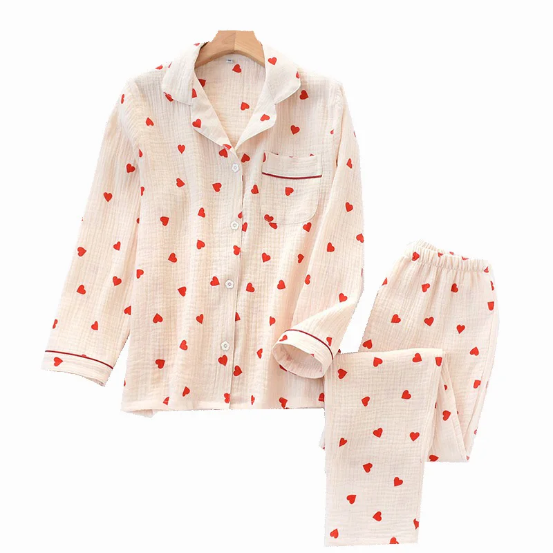 2019 New Ladies Pajamas Set Heart Printed Crepe Cotton Double-layer Gauze Simplicity Women Long-sleeve Trousers Household Wear
2019 New Ladies Pajamas Set Heart Printed Crepe Cotton Double-layer Gauze Simplicity Women Long-sleeve Trousers Household Wear