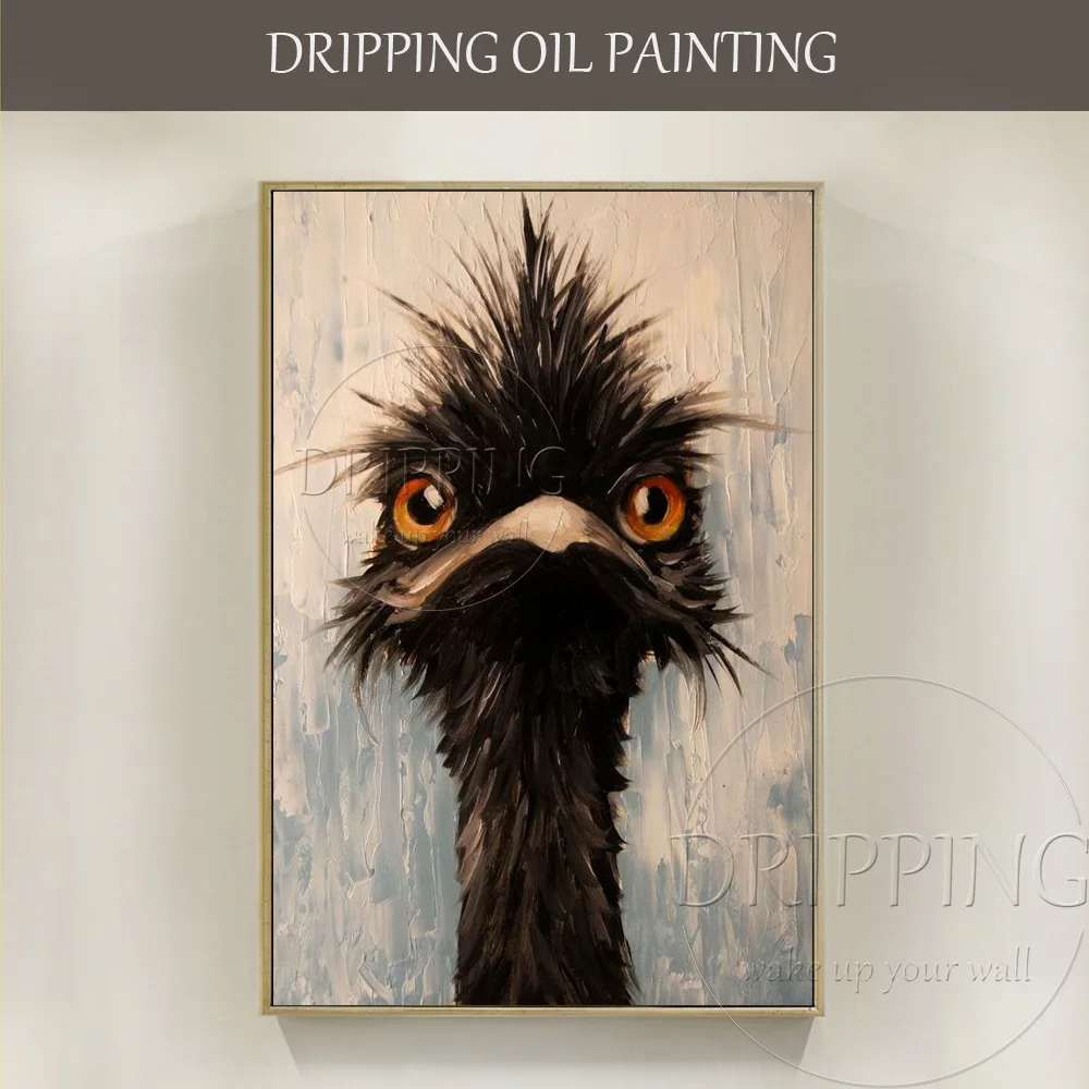 

New Design Artist Hand-painted High Quality Ostrich Oil Painting on Canvas Funny Baby Bird Ostrich Oil Painting for Kids Room