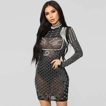 

wholesale 2019 Newest Women Black long sleeve Mesh Beading Sexy perspective Night club Celebrity Cocktail party dress(L2965)