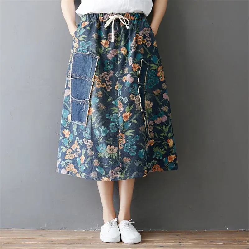 Large Sizes Patch Floral Women Denim Skirt Long Summer Casual Streetwear Elastic Waist Ethnic Saia Femme Retro Jean Skirts f1213
Large Sizes Patch Floral Women Denim Skirt Long Summer Casual Streetwear Elastic Waist Ethnic Saia Femme Retro Jean Skirts f1213