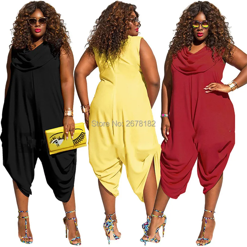 

Plus size 3xl 4xl 5xl jumpsuits women 2018 loose sleeveless sexy club wide leg rompers black Burgundy large size Female overalls