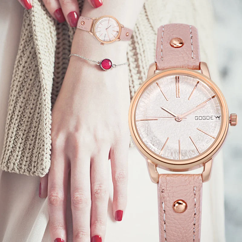 Фото Gogoey роскошные женские часы цвета розового золота с кожаным - купить