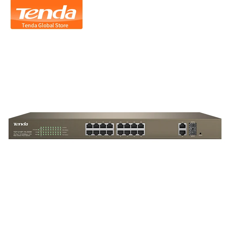 Tenda TEF1218P-16-250W 16-Port 10/100Mbps with 2 Gigabit Web Smart PoE Switch,Long Distance Transmission Switch,for HD camera/AP
Tenda TEF1218P-16-250W 16-Port 10/100Mbps with 2 Gigabit Web Smart PoE Switch,Long Distance Transmission Switch,for HD camera/AP