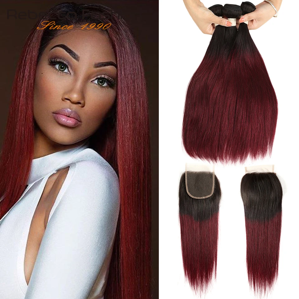 

Rebecca Ombre Bundles With Closure Two Tone 1B/99J Red 1B/27 Blonde 1B/30 Brown Peruvian Straight Hair 3 4 Bundles With Closure