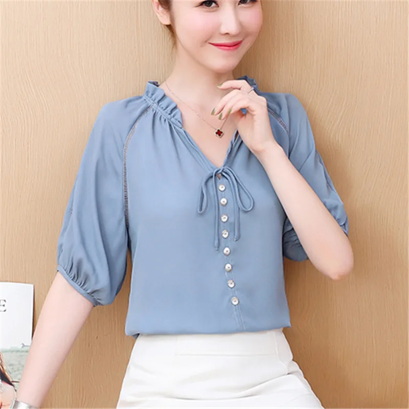 Women Short Sleeve V Neck Casual Chiffon Blouses Fashion Tops Elegant Clothing Streetwear Summer 2019 Solid Color Shirts Blusas
Women Short Sleeve V Neck Casual Chiffon Blouses Fashion Tops Elegant Clothing Streetwear Summer 2019 Solid Color Shirts Blusas