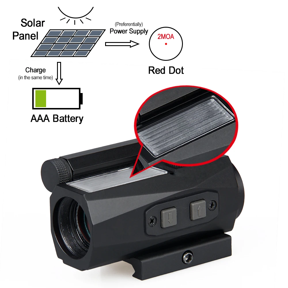 

Canis Latrans Solar Power 1x20 Red Dot Sight 2MOA Red Dot Solar Charger Rifle Scope Aluminum Red Dot Scope 2MOA PP2-0104