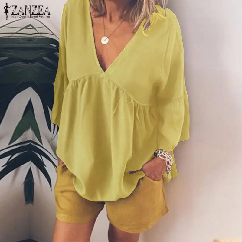 Fashion Women V Neck 3/4 Sleeve Blouse ZANZEA Summer Ruffles Shirts Casual Solid Beach Tops Tunic Robe Femme Bohemian Blusas 5XL
Fashion Women V Neck 3/4 Sleeve Blouse ZANZEA Summer Ruffles Shirts Casual Solid Beach Tops Tunic Robe Femme Bohemian Blusas 5XL