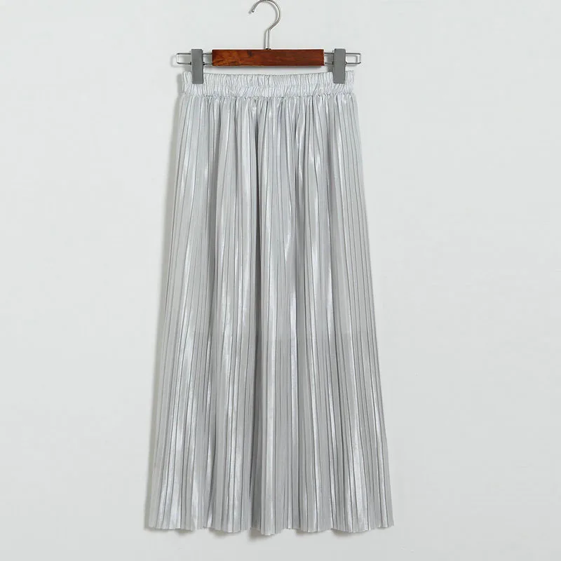 Lustrous pleated skirt metallic mid-length skirt for women of fall 2017 new Korean style joker long skirt (15)