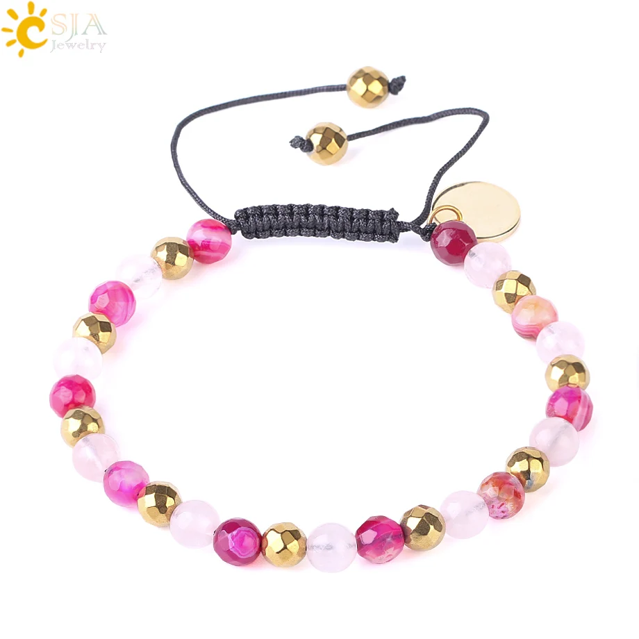 Фото CSJA Multicolor Natural Stone Onyx Crystal Bracelet Pink Quartz Blue Gold-color Round Beads Weave Rope Adjustable Bracelets F543 | Украшения