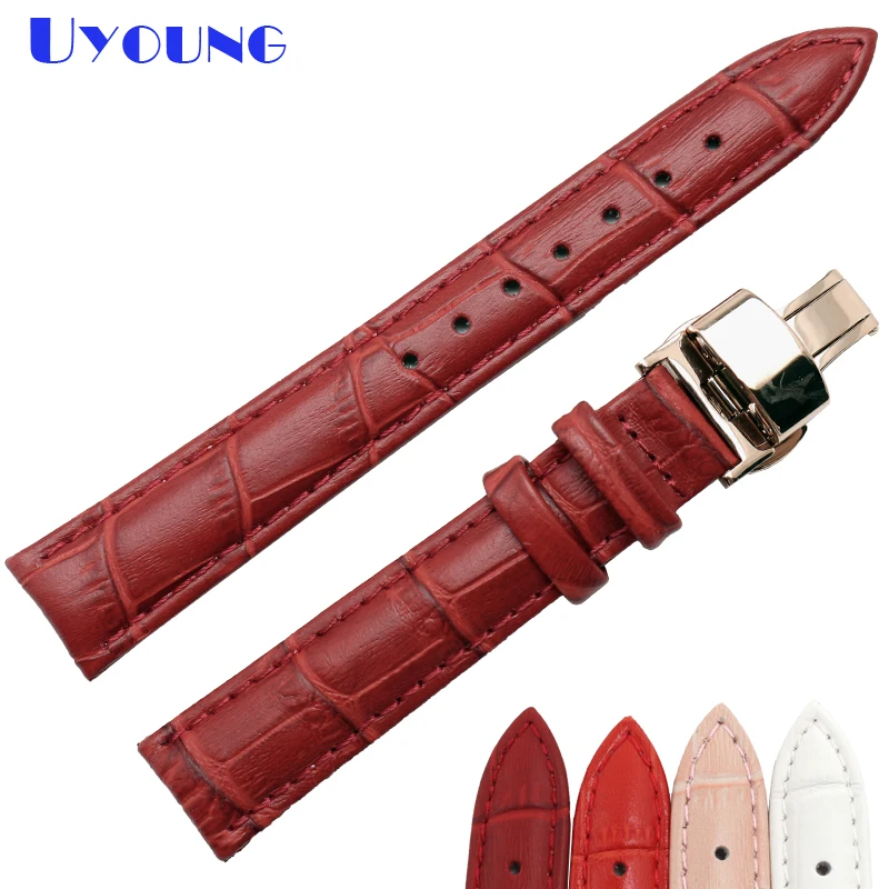 Фото Womens fashion Genuine leather watch band 12 14 15 16 17 18 19 20mm stitched small strap wristwatches pink red white color | Наручные