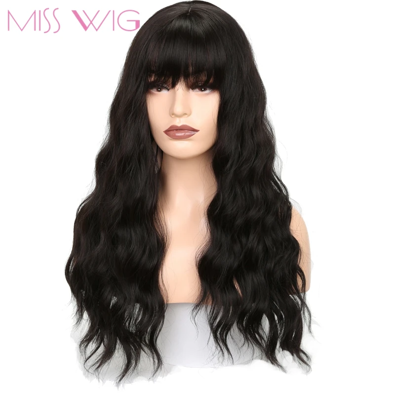 MISS WIG Long Wavy Wigs for Black Women African American Synthetic Grey Brown Wigs with Bangs Heat Resistant