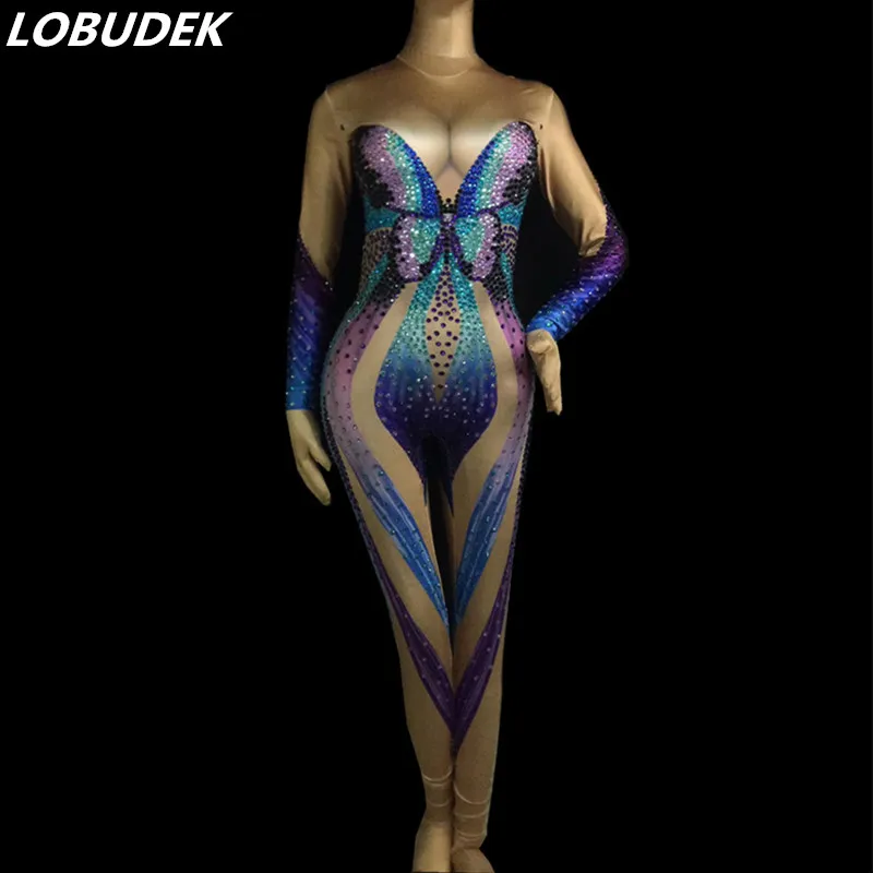 Female costume blue Butterfly Rhinestones Jumpsuit Sexy Stretch Crystals Bodysuit Bar Singer Stage wear performance Party | Женская