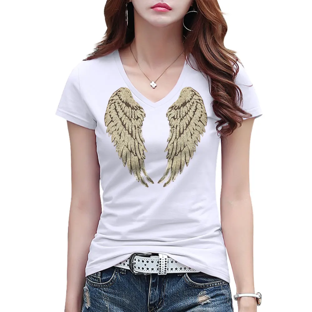 Women's T shirt Fashion Wings Sequins Appliques T-shirt Tops Summer Style Woman Lace Short Sleeve Tops Cotton T shirts Clothing
Women's T shirt Fashion Wings Sequins Appliques T-shirt Tops Summer Style Woman Lace Short Sleeve Tops Cotton T shirts Clothing